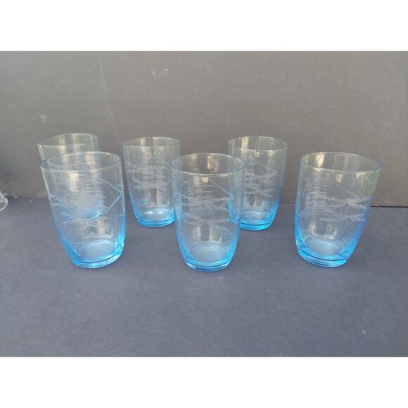 6 Elegant Etch Clipper Ship Blue Juice Glasses - Picture 2 of 6